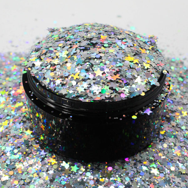 Suzy Sparkles Glitter - Holographic Silver with Stars Mix - Chunky - 1 oz Bag