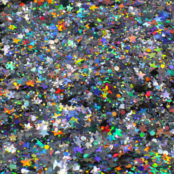Suzy Sparkles Glitter - Holographic Silver with Stars Mix - Chunky - 1 oz Bag