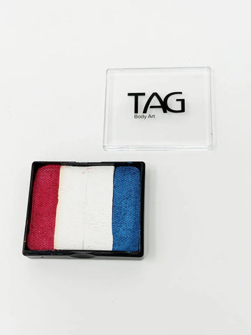 Box of red, white, and blue makeup with 'TAG Body Art' packaging on a white background