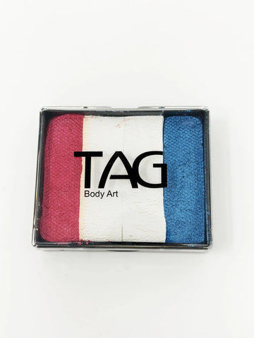 Box of TAG body art with red, white, and blue colors on a white background